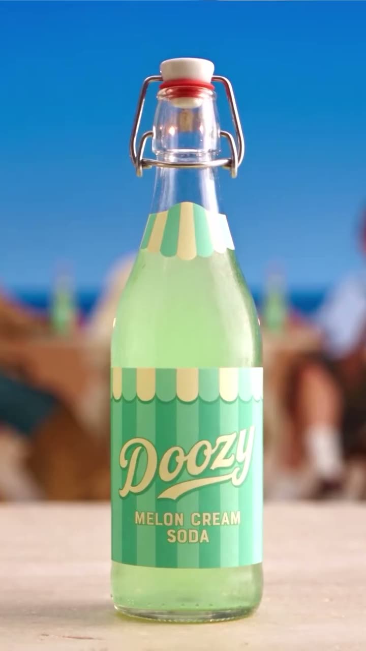 The remix: the same three shots, now with a green Doozy soda bottle on a seaside terrace